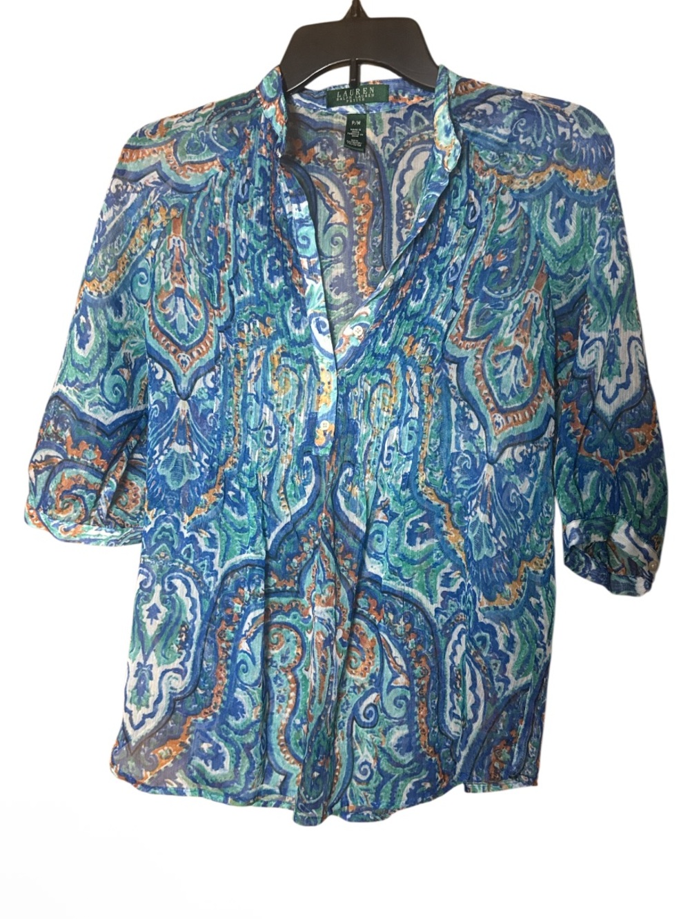 Lauren Ralph Lauren Blue Green Paisley Button-Front Sheer Blouse - Size PM
